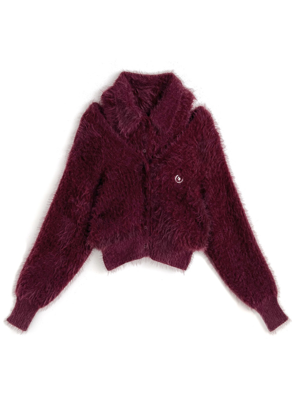 襟付きノースリーブトップス×バックリボンカーディガンシャギーニットアンサンブル[tu1780]