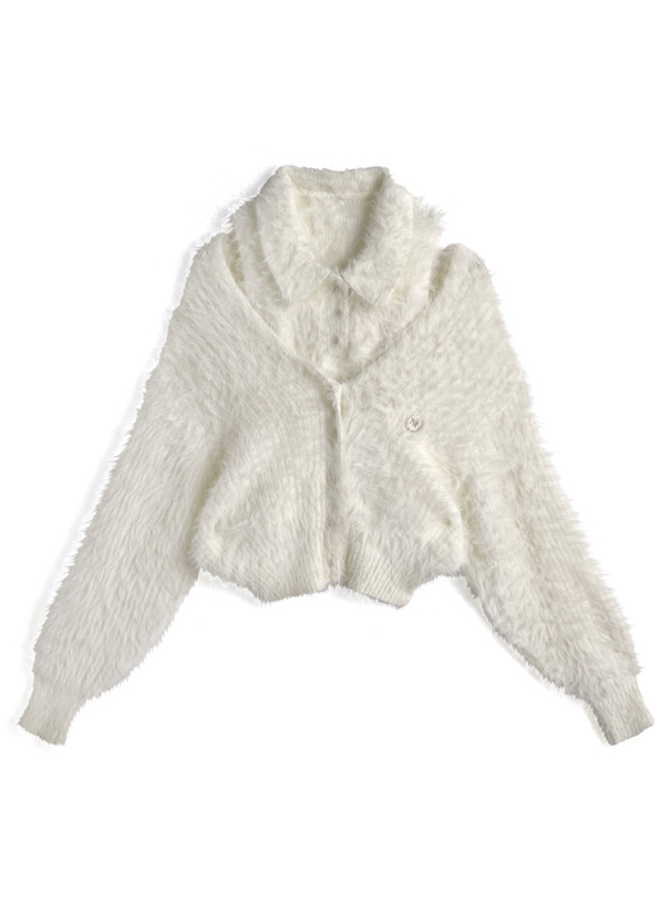 襟付きノースリーブトップス×バックリボンカーディガンシャギーニットアンサンブル[tu1780]