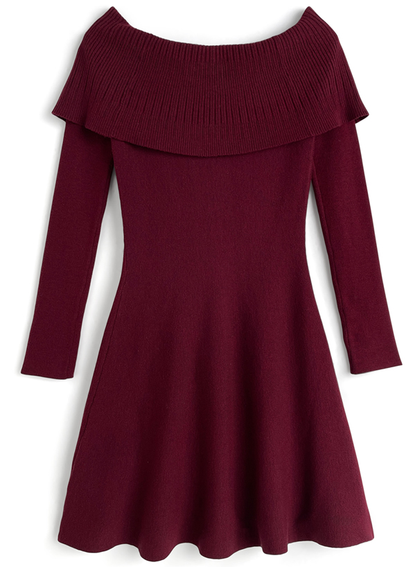 オフショルダー バーガンディ ニットワンピース rienda | オフショルダータイトニットワンピース (ワンピース(ミニ