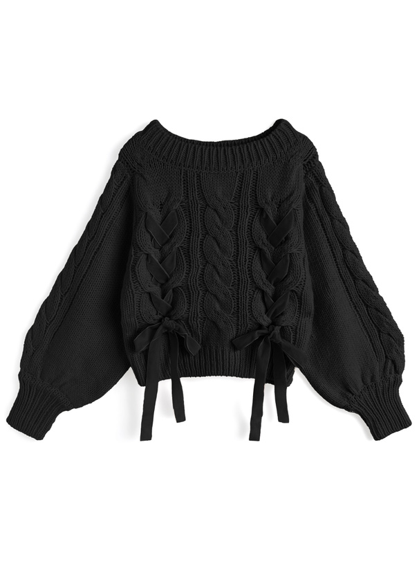 前後2Wayケーブル編みレースアップリボンニットトップス[tu1785]