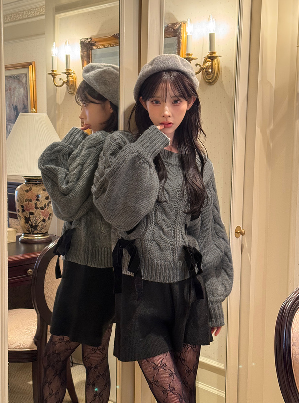 前後2Wayケーブル編みレースアップリボンニットトップス[tu1785