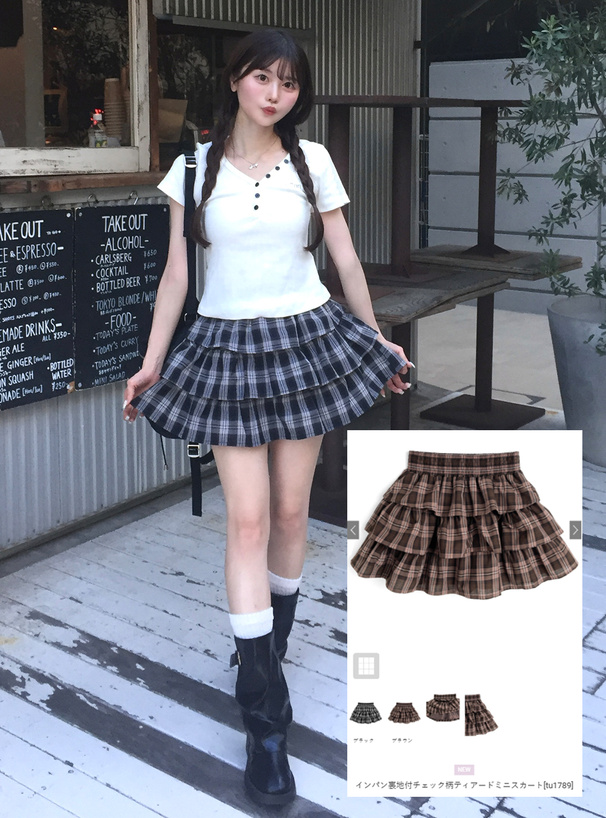 インパン裏地付チェック柄ティアードミニスカート