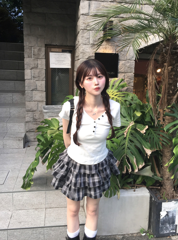 インパン裏地付チェック柄ティアードミニスカート