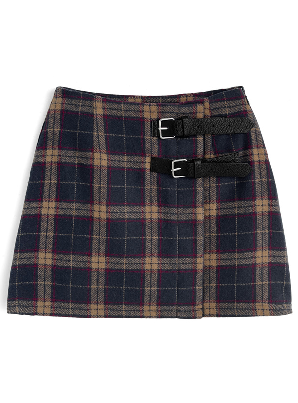 インパン裏地付きチェック柄ベルトラップ風ミニスカート[tu1793]