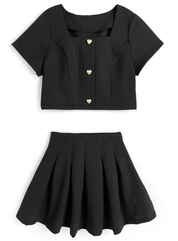 ハートボタンジャケット×フレアスカートツイードセットアップ