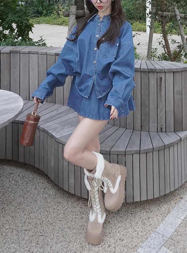 デニムシャツ×ミニスカートセットアップ