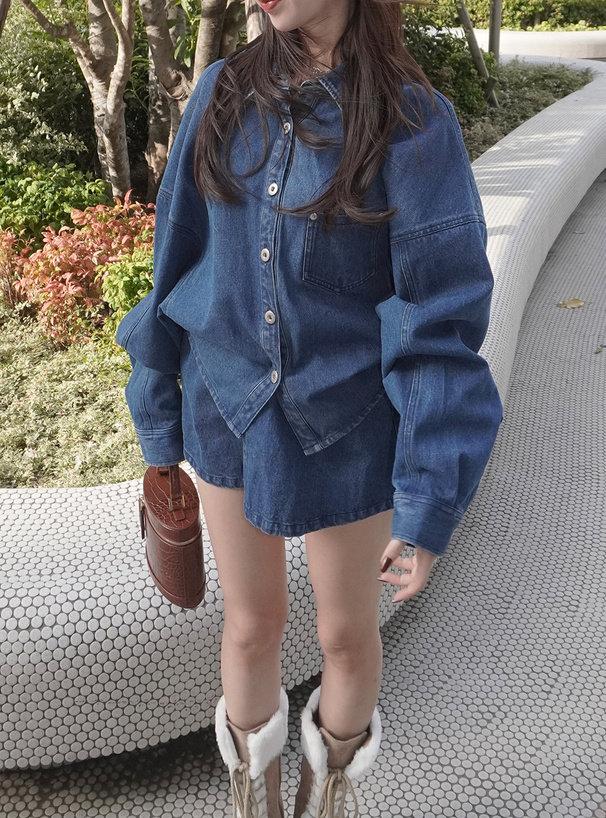 デニムシャツ×ミニスカートセットアップ