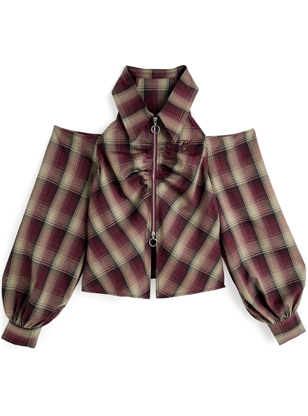 チェック柄オープンショルダージップブラウス