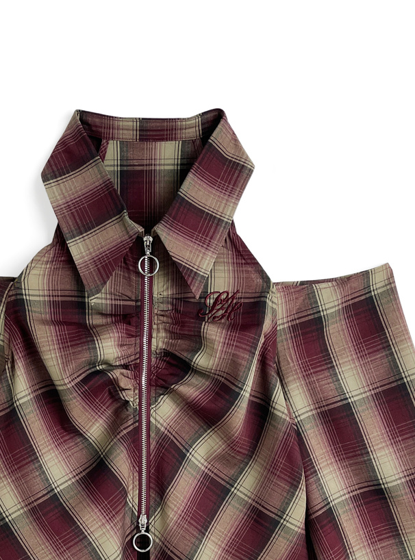 チェック柄オープンショルダージップブラウス