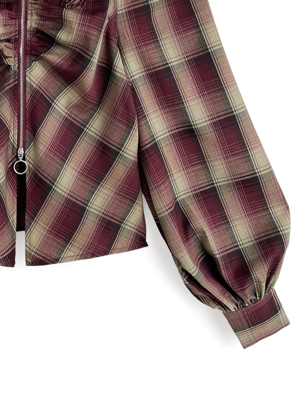 チェック柄オープンショルダージップブラウス