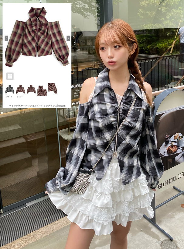 チェック柄オープンショルダージップブラウス