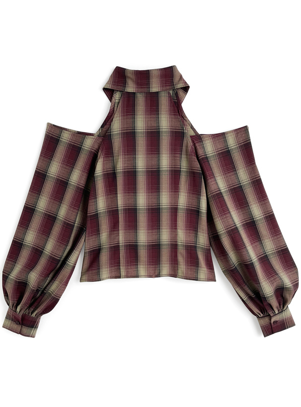 チェック柄オープンショルダージップブラウス