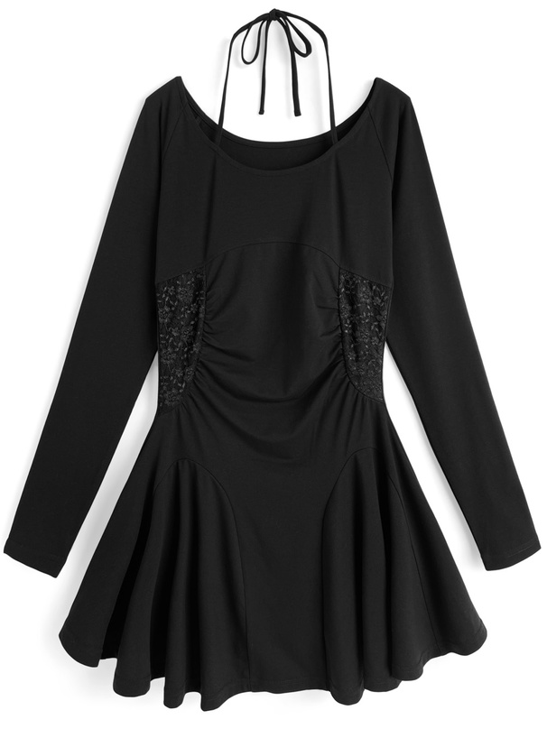 ホルターネックウエストレースフレアミニワンピース