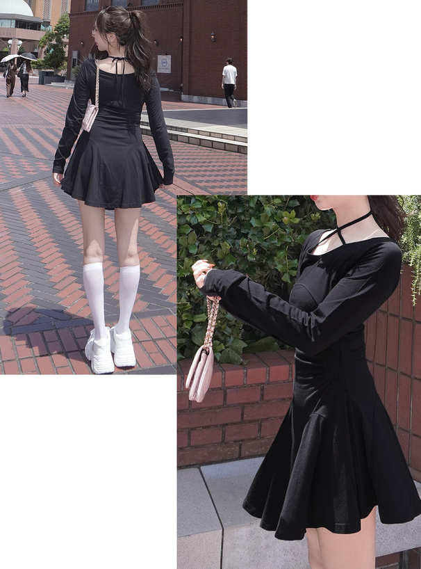 ホルターネックウエストレースフレアミニワンピース