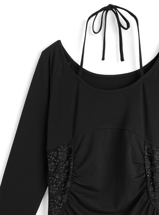 ホルターネックウエストレースフレアミニワンピース