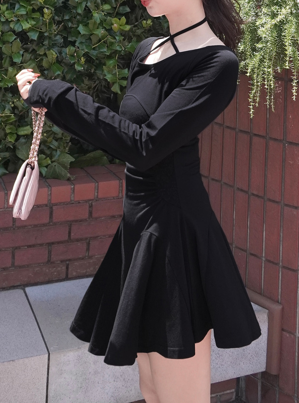 ホルターネックウエストレースフレアミニワンピース[tu1830