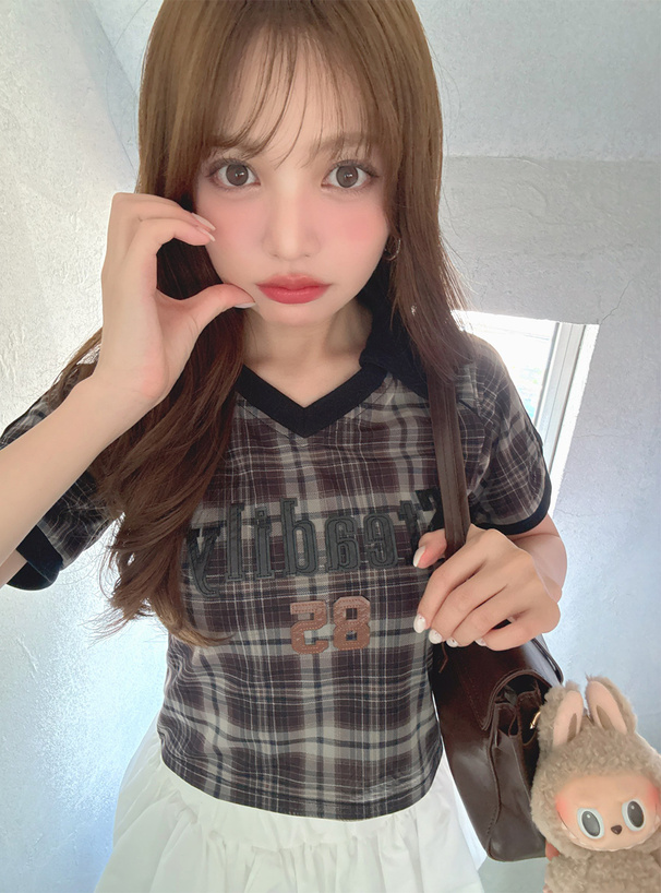 チェック柄シアーレザーロゴスキッパートップス[tu1831