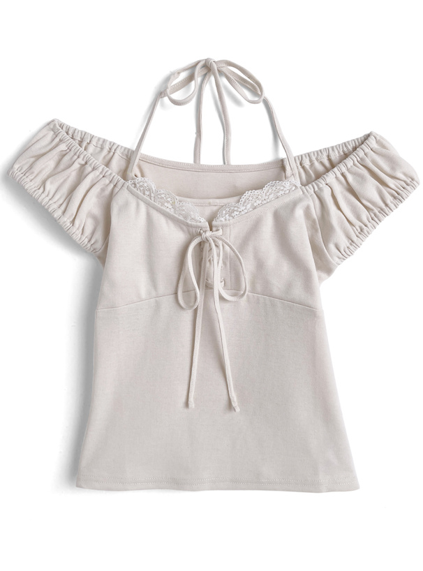 ホルターネックレースリボンオフショルダートップス