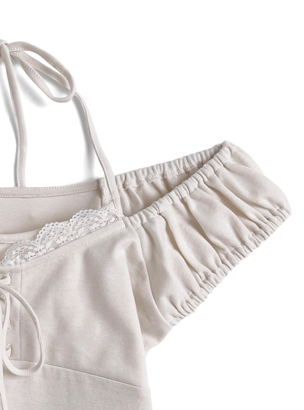 ホルターネックレースリボンオフショルダートップス