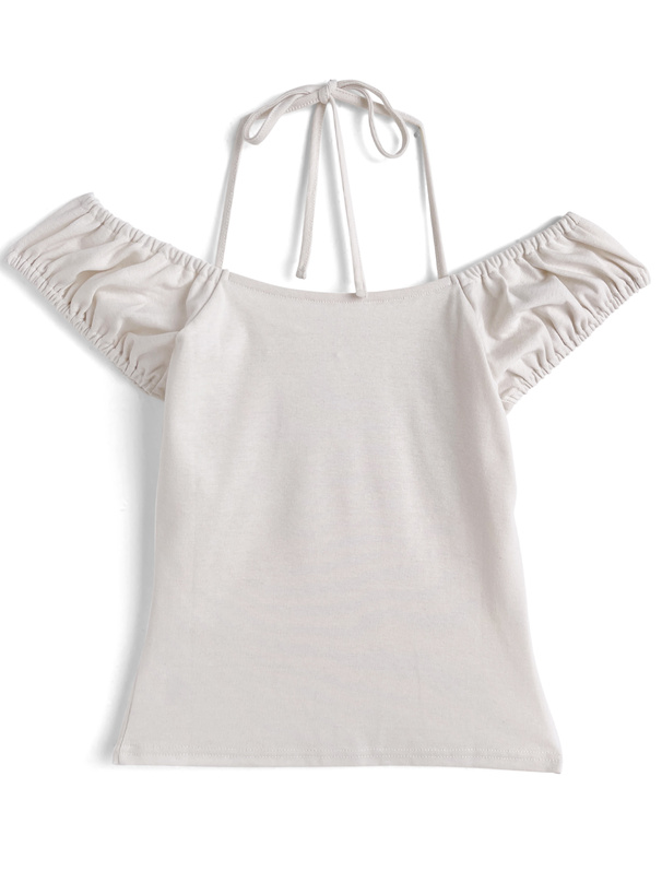 ホルターネックレースリボンオフショルダートップス