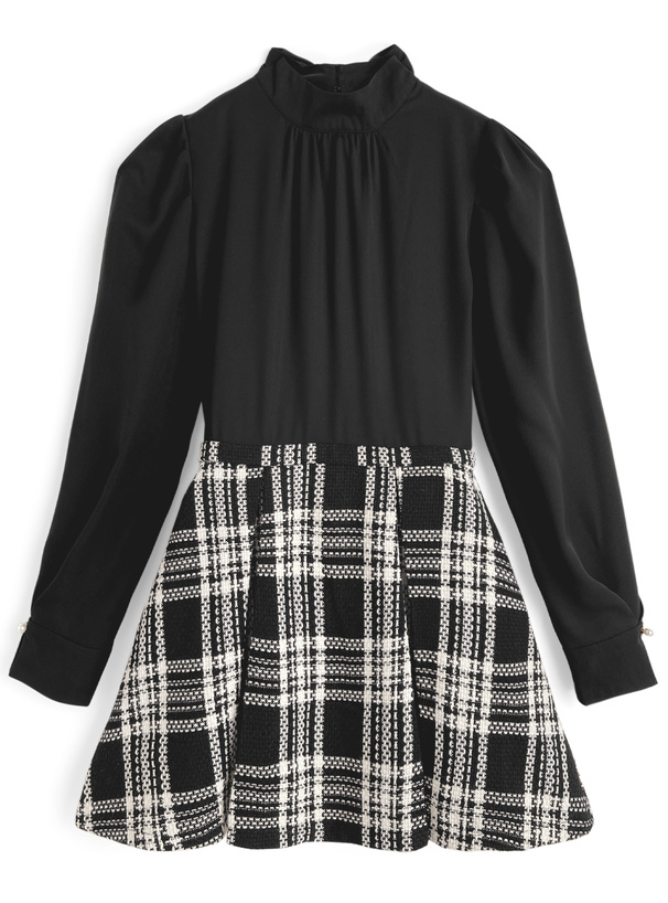 リボン付きチェック柄ドッキングミニワンピース[tu1838]