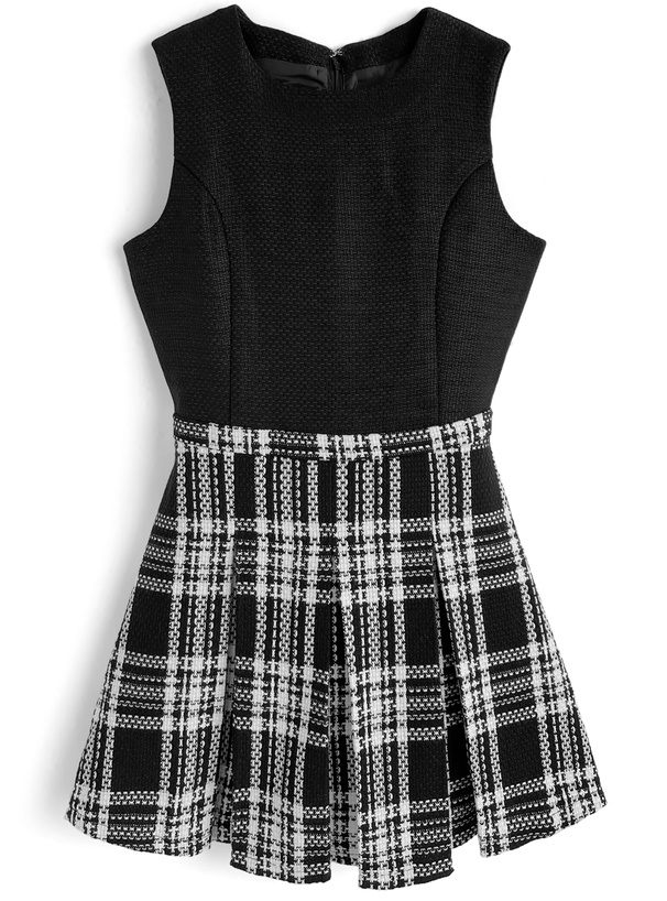 インパン裏地付きツイードドッキングノースリーブフレアミニワンピース