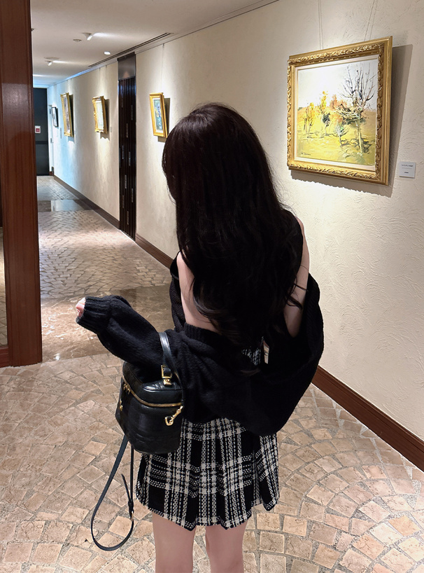 インパン裏地付きツイードドッキングノースリーブフレアミニワンピース