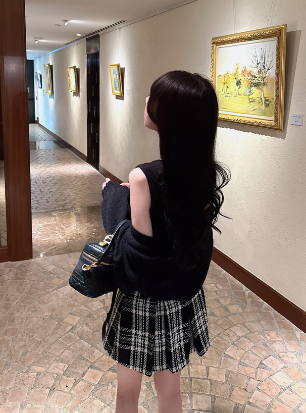 インパン裏地付きツイードドッキングノースリーブフレアミニワンピース