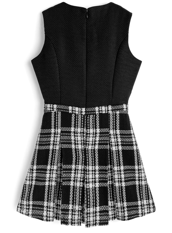 インパン裏地付きツイードドッキングノースリーブフレアミニワンピース