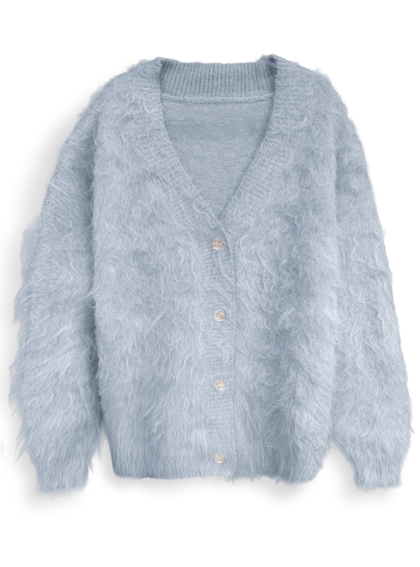 Vネックウール混シャギーニットカーディガン