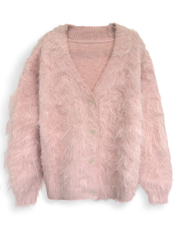 Vネックウール混シャギーニットカーディガン