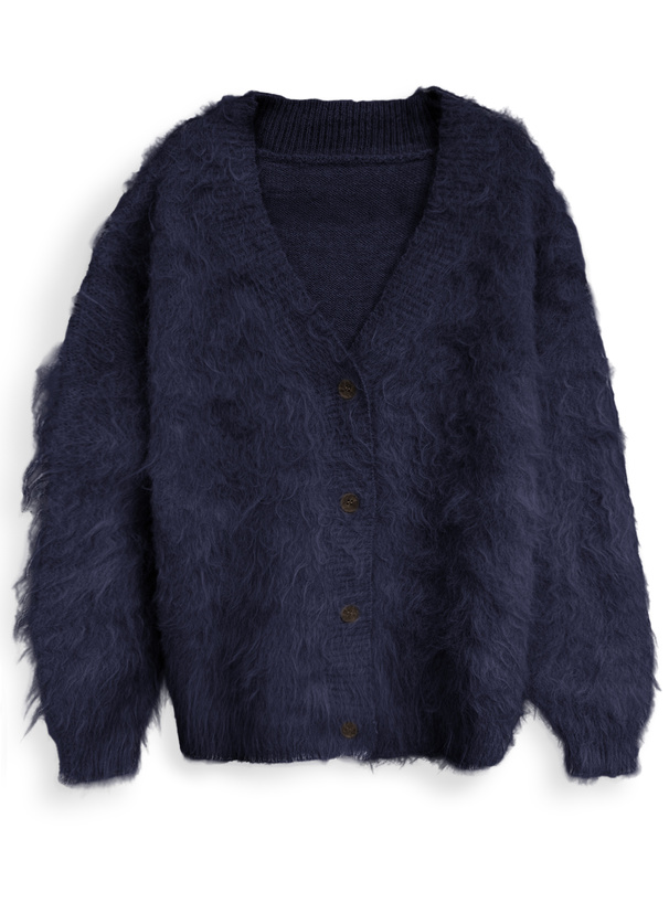 Vネックウール混シャギーニットカーディガン