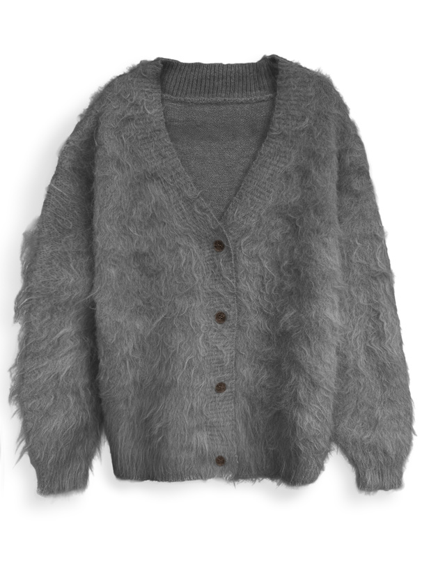 Vネックウール混シャギーニットカーディガン
