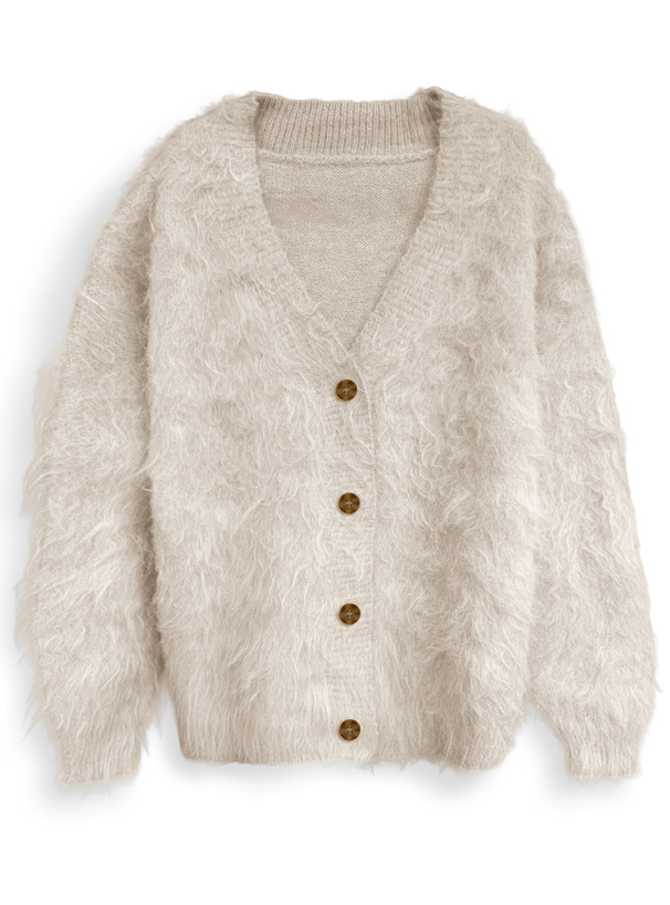 Vネックウール混シャギーニットカーディガン