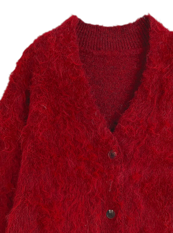 Vネックウール混シャギーニットカーディガン