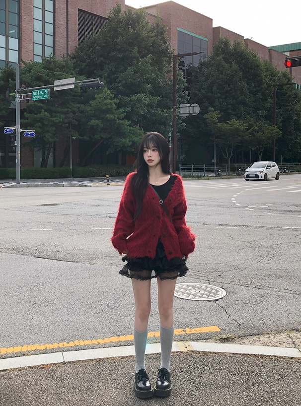 Vネックウール混シャギーニットカーディガン