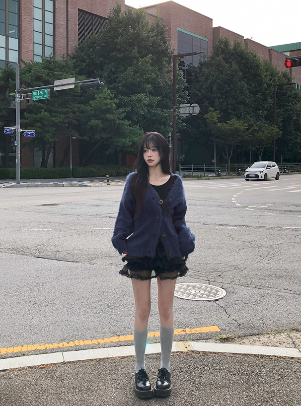 Vネックウール混シャギーニットカーディガン