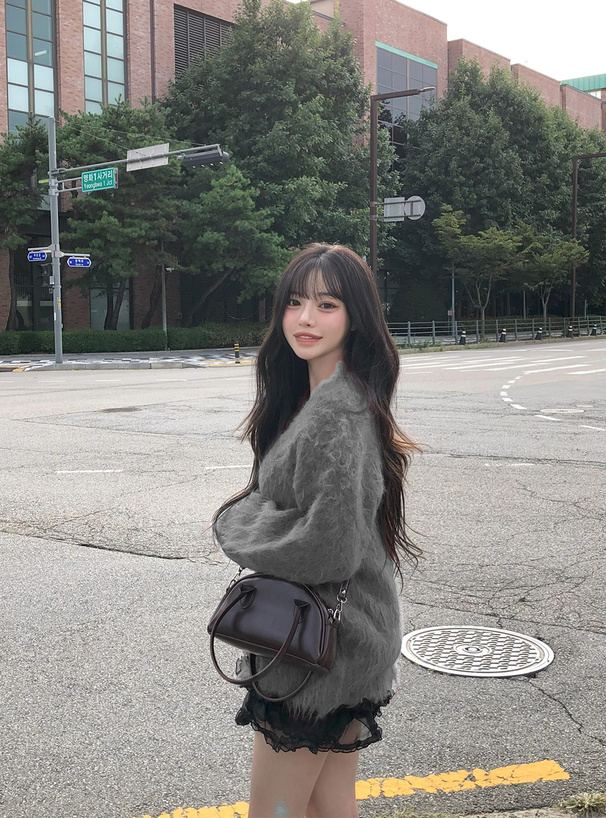 Vネックウール混シャギーニットカーディガン