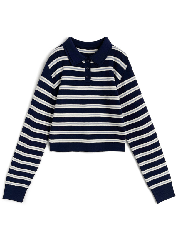 ILLIT アイリット BEB ボーダー柄ダブルカラーポロニットトップス