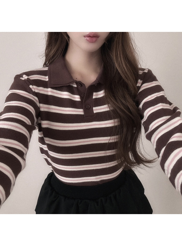 ボーダー柄ダブルカラーポロニットトップス[tu1846