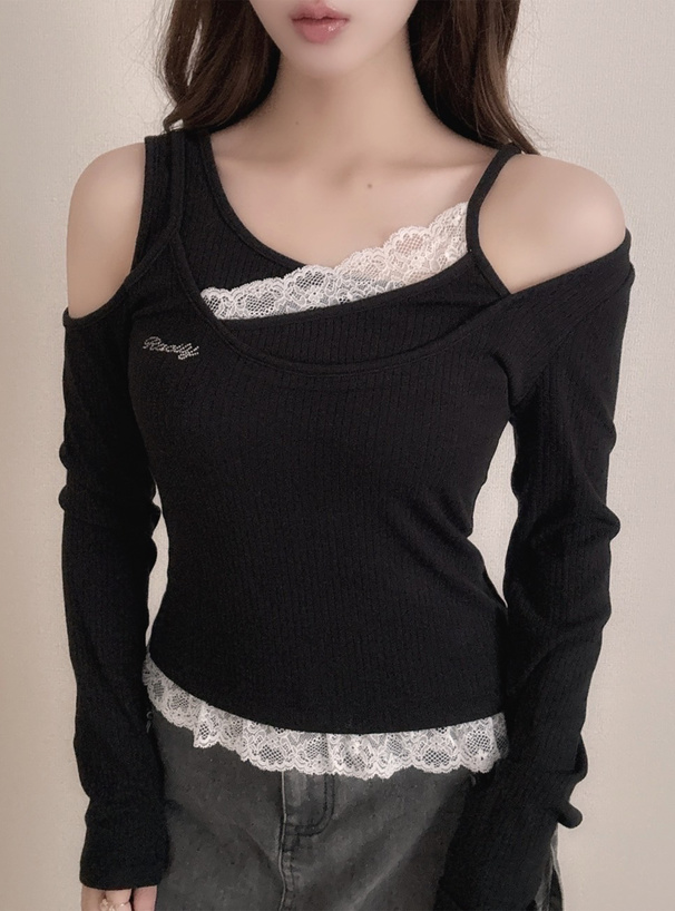 アシンメトリーレースリブトップス