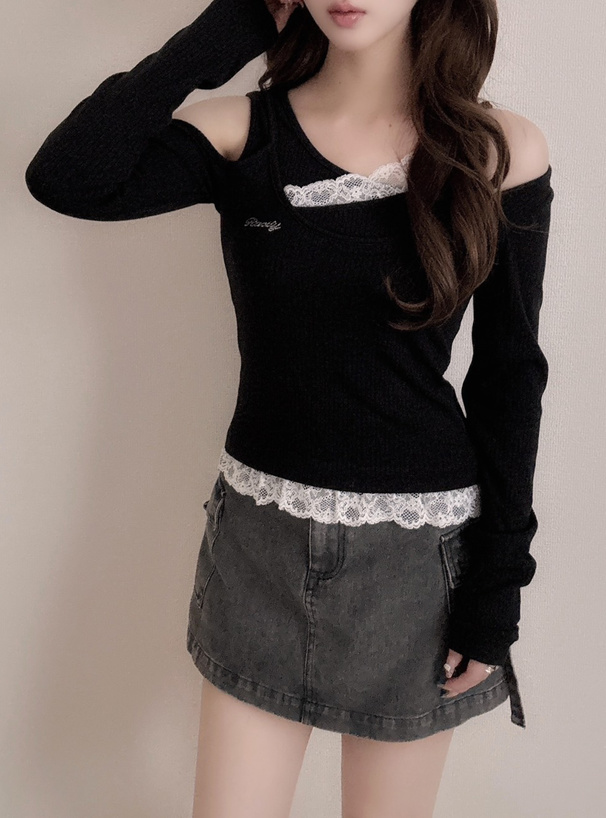 アシンメトリーレースリブトップス