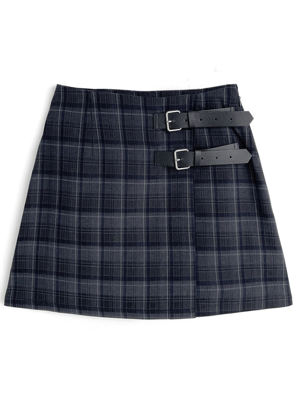インパン裏地付きチェック柄ベルトラップ風ミニスカート