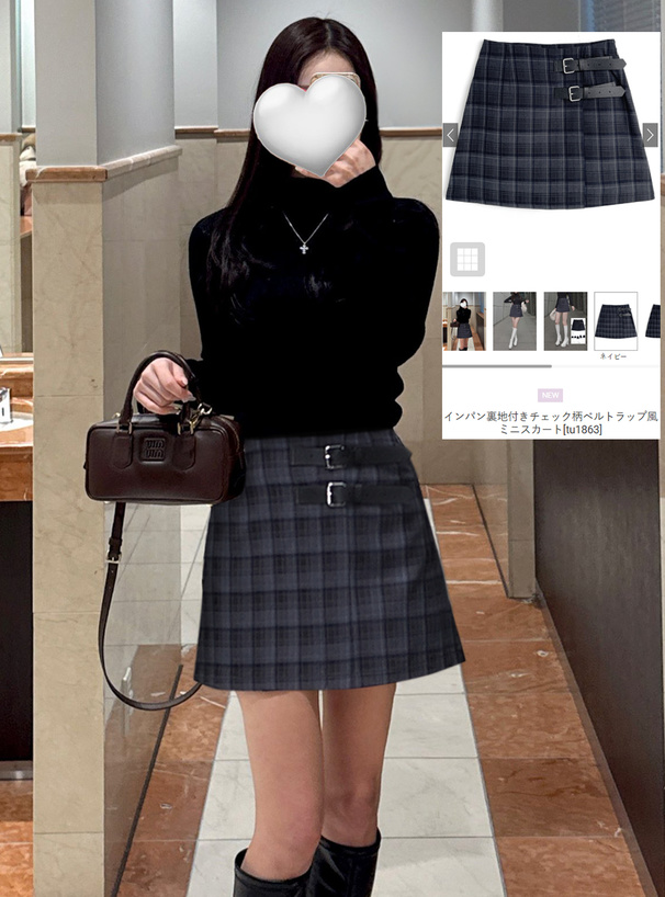 インパン裏地付きチェック柄ベルトラップ風ミニスカート[tu1863