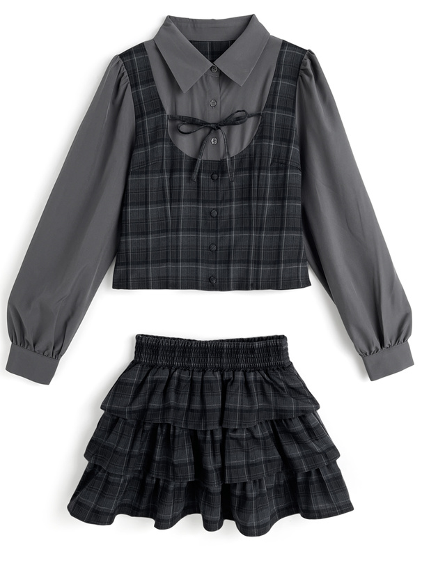 チェック柄ドッキングトップス×ティアードミニスカートセットアップ[tu1864]