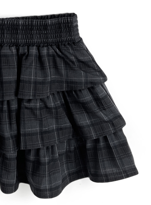 チェック柄ドッキングトップス×ティアードミニスカートセットアップ
