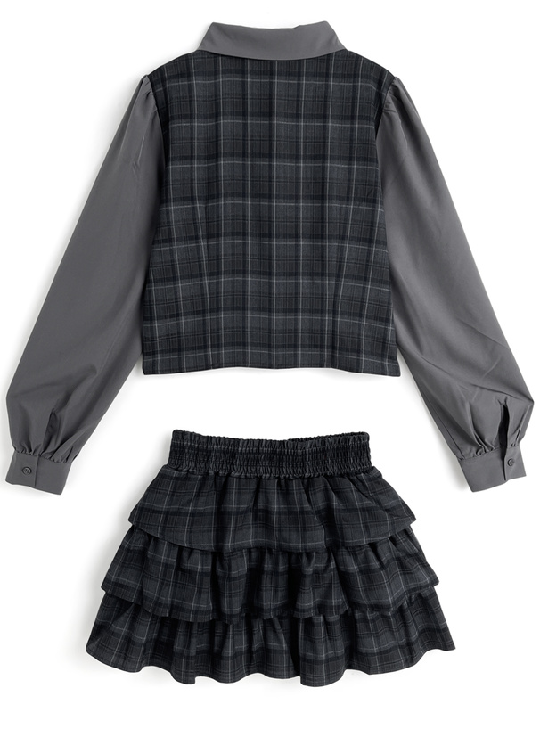 チェック柄ドッキングトップス×ティアードミニスカートセットアップ