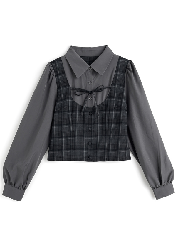 チェック柄ドッキングトップス×ティアードミニスカートセットアップ