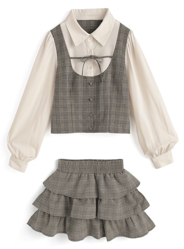 グレンチェック柄シャツドッキングトップス×ティアードミニスカートセットアップ[tu1865]