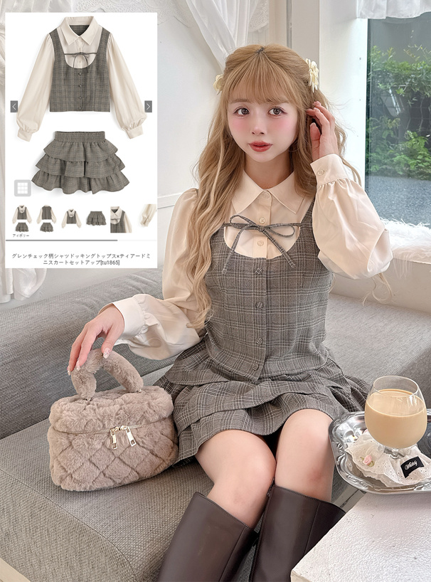 モガのグレンチェックのセットアップ グレンチェック柄ショート丈ジャケットXショートパンツ